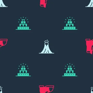 Set Hunter boots, Volcano eruption and Chichen Itza in Mayan on seamless pattern Stock Illustration