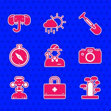 Set Hunter, First aid kit, African tree, Photo camera, tribe male, Compass Illustrazione stock