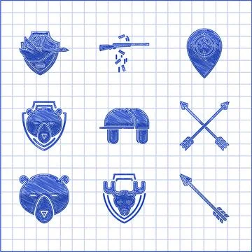 Set Hunter hat, Moose head on shield, Hipster arrow, Crossed arrows, Bear, place Ilustración de archivo