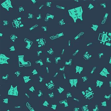 Set Hunter knife, Hunting jacket, boots and Off road car on seamless pattern Illustration