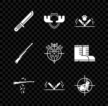 Set Hunter knife, Moose horns on shield, Trap hunting, Gun shooting, rabbit with Stock Illustration