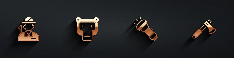 Set Hunter, Monkey, Flashlight and Wooden axe icon with long shadow. Vector Stock Illustration