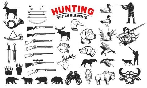 Set of hunting design elements. Hunting dogs, weapon, shooters silhouettes. D Stock Illustration