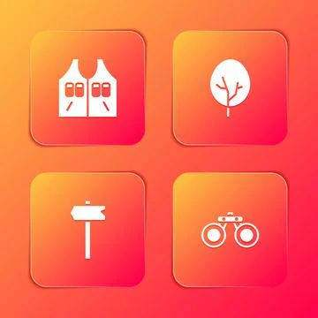 Set Hunting jacket, Tree, Road traffic sign and Binoculars icon. Vector 库存插图