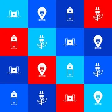 Set Hydroelectric dam, Electric plug, Battery and saving in leaf icon. Vector Stock Illustration