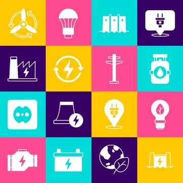 Set Hydroelectric dam, Light bulb with leaf, Propane gas tank, Recharging Stock Illustration