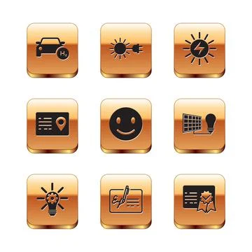Set Hydrogen car, Light bulb with gear, Signed document, Smile face, Address Stock Illustration