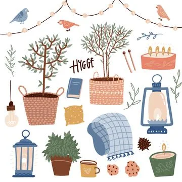 Set of hygge summer elements with text. Hand drawn flat vector illustration of Stock Illustration