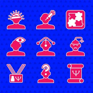 Set Hypnosis, Human with question mark, Psychology book, Concussion, headache Stock Illustration