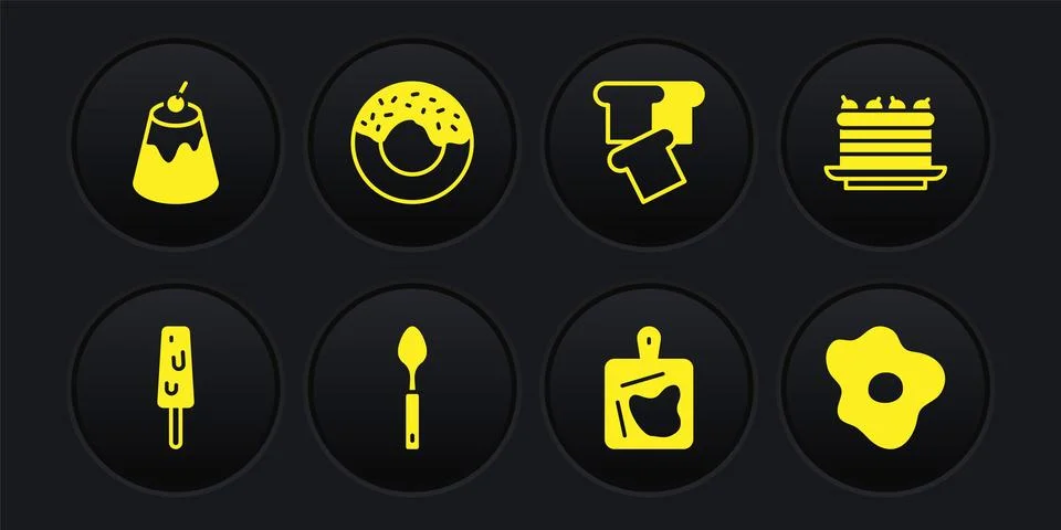 Set Ice cream, Cake, Spoon, Cutting board, Bread toast, Donut, Scrambled eggs Stock Illustration