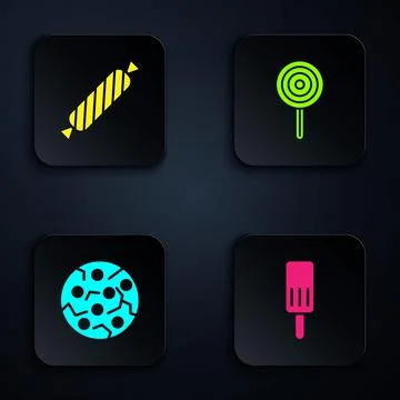 Set Ice cream, Candy, Cookie or biscuit and Lollipop. Black square button Illustrazione stock