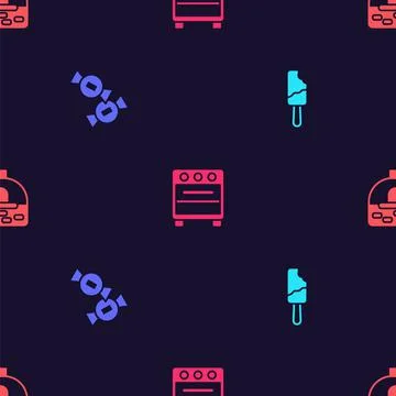 Set Ice cream, Candy, Oven and Brick stove on seamless pattern. Vector Stock Illustration