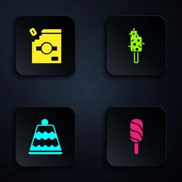 Set Ice cream, Candy packaging for sweets, Cake and . Black square button Stock Illustration