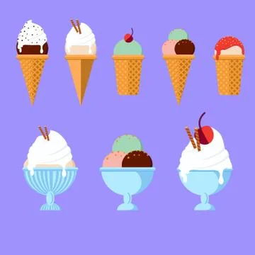 Set of ice cream cones in flat style Stock Illustration