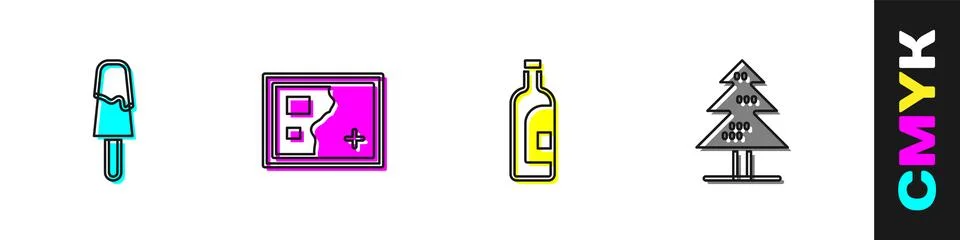 Set Ice cream, Folded map, Bottle of wine and Tree icon. Vector Stock Illustration