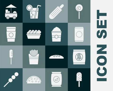 Set Ice cream, Hard bread chucks crackers, Soda can with straw, French hot dog Stock Illustration