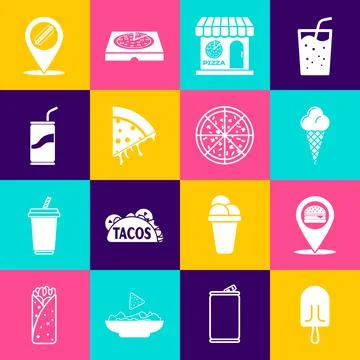 Set Ice cream, Location with burger, in waffle cone, Pizzeria building facade Ilustración de archivo