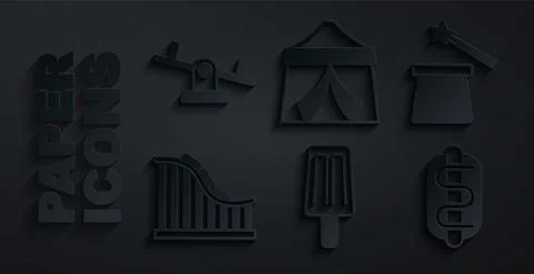 Set Ice cream, Magic hat and wand, Roller coaster, Hotdog sandwich, Circus tent Stock Illustration