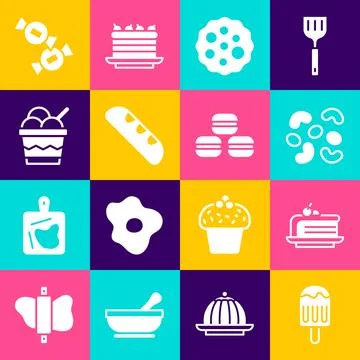 Set Ice cream, Piece of cake, Jelly candy, Cookie or biscuit, French baguet.. Stock Illustration