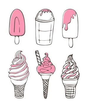 Set of ice cream pink icons vector doodle illustration. Kids summer collection Stock Illustration