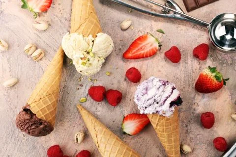 Set of ice cream scoops of different colors and flavours Stock Photos