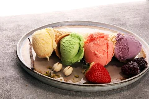 Set of ice cream scoops of different colors and flavours Stock Photos