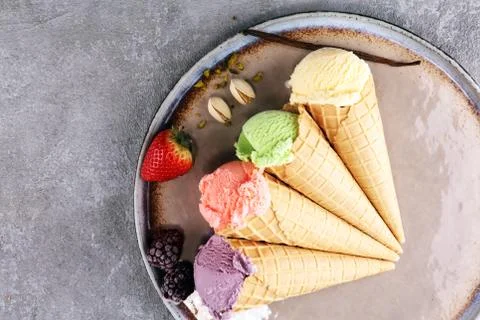 Set of ice cream scoops of different colors and flavours Stock Photos