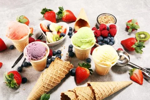 Set of ice cream scoops of different colors and flavours Stock Photos