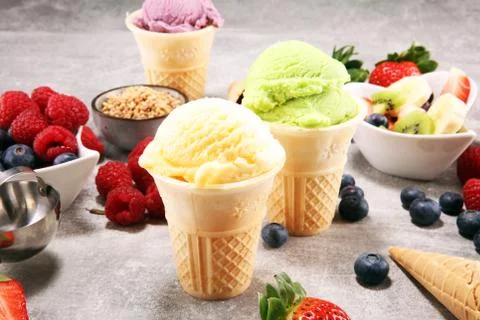 Set of ice cream scoops of different colors and flavours Stock Photos