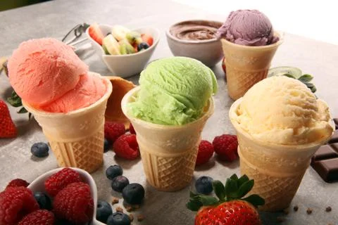 Set of ice cream scoops of different colors and flavours Stock Photos