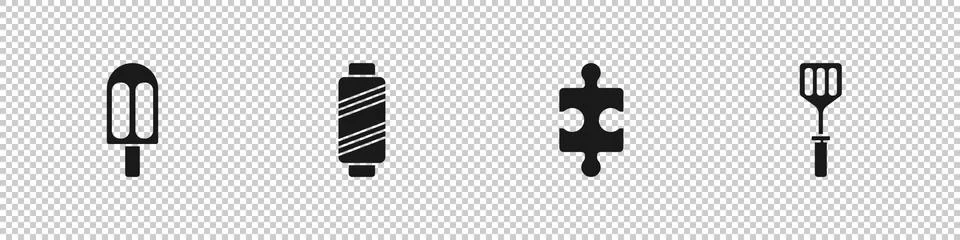 Set Ice cream, Sewing thread on spool, Piece of puzzle and Spatula icon. Vector Illustrazione stock