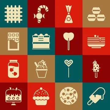 Set Ice cream, Stack of pancakes, Candy, Cake, Chocolate bar, Cracker biscuit Stockillustratie