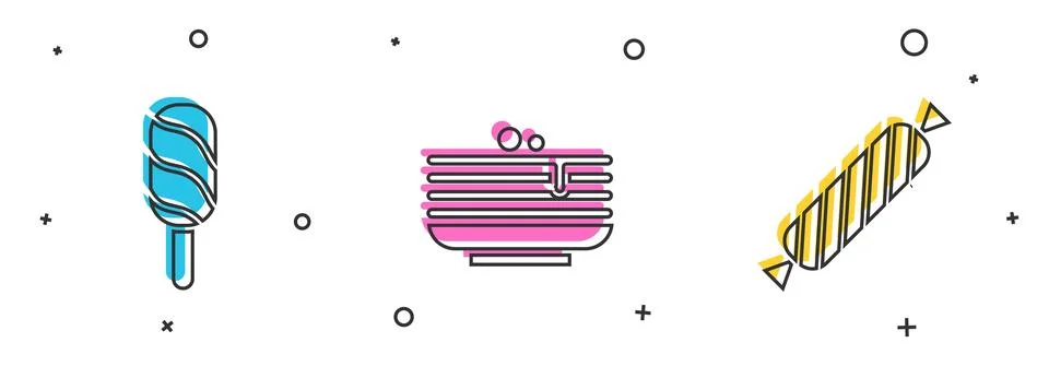 Set Ice cream, Stack of pancakes and Candy icon. Vector Stock Illustration