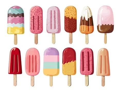A set of ice cream sticks with different flavors. Illustrazione stock