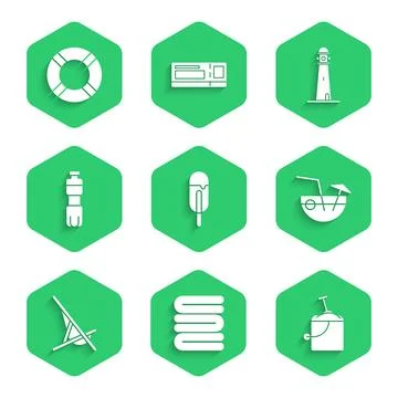 Set Ice cream, Towel stack, Sand in bucket with shovel, Coconut cocktail, Sunbed Stock Illustration