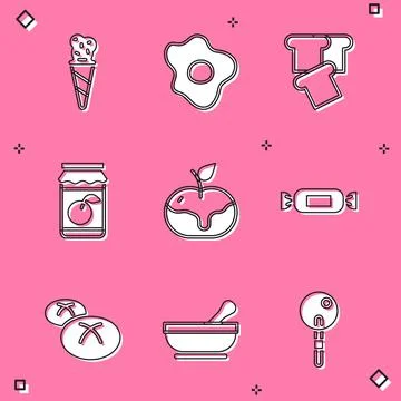 Set Ice cream in waffle cone, Scrambled eggs, Bread toast, Jam jar, Apple Stock Illustration