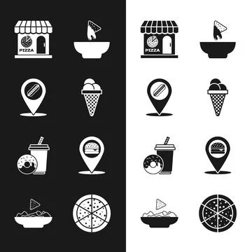 Set Ice cream in waffle cone, Location with hotdog, Pizzeria building facade Ilustración de archivo