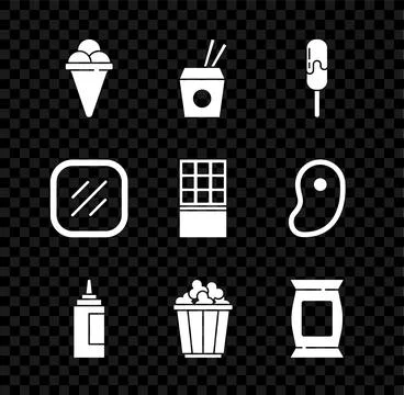 Set Ice cream in waffle cone, Asian noodles and chopsticks, Sauce bottle, P.. Stock Illustration