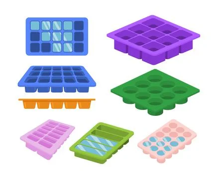 Set of ice cube tray collection cartoon with different views, Frozen water .. Stock Illustration