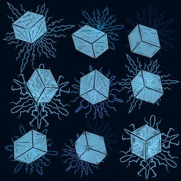 Set of ice cubes on snowflakes. Vector crystals. Stock Illustration