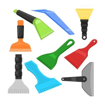 Set of ice scraper collection cartoon, ice scraper different shapes and siz.. Stock Illustration