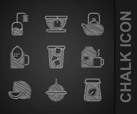 Set Ice tea, Ball strainer, Tea packaging, Cup of with milk, Lemon, lemon Stock Illustration