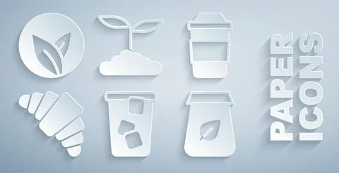 Set Ice tea, Cup of, Croissant, Tea packaging, leaf and  icon. Vector Stock Illustration