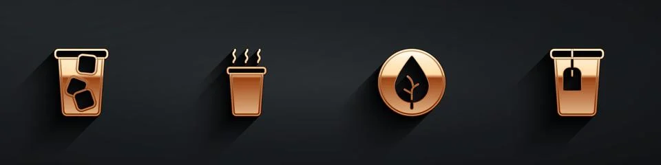 Set Ice tea, Cup of, Tea leaf and with bag icon with long shadow. Vector 스톡 일러스트