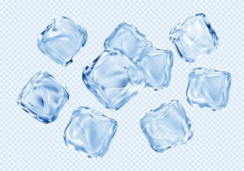 Set of ice transparent clear cubes isolated on light blue transparent background Illustrazione stock