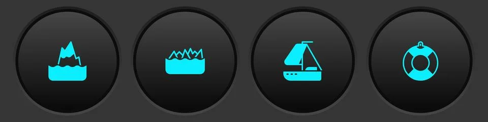 Set Iceberg, Sharp stone reefs, Yacht sailboat and Lifebuoy icon. Vector Stock Illustration