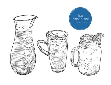 Set of iced lemon mint tea , sketch vector. Stock Illustration
