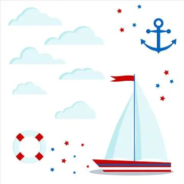 Set icon of blue and red sailboat with two sail and flag, clouds, stars, anch Stock Illustration