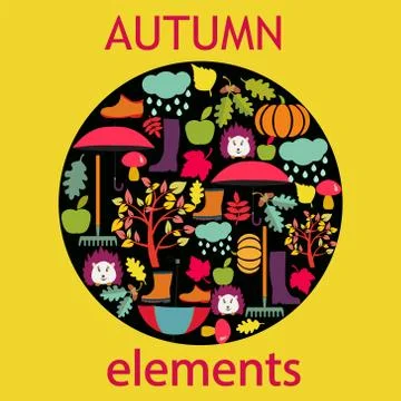 Set icon of cartoon autumn elements Cute design- illustration Stock Illustration