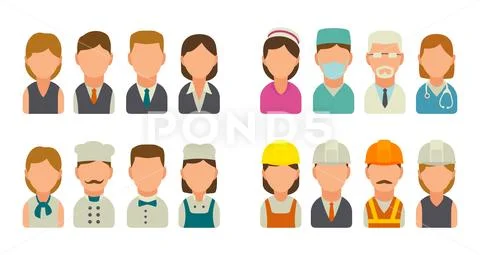Set icon character cook, builder, business and medical people. Stock Illustration